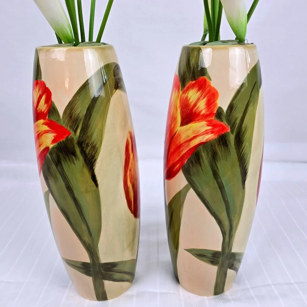 Carolina Pottery 80159 Ceramic Tulip Vases Pair Red Yellow Floral 12.5 Inch Tall